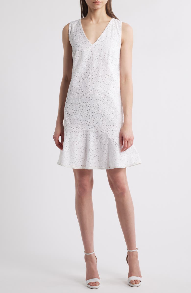 KOBI HALPERIN Eyelet Ruffle Hem Sleeveless Dress, Main, color, Ivory