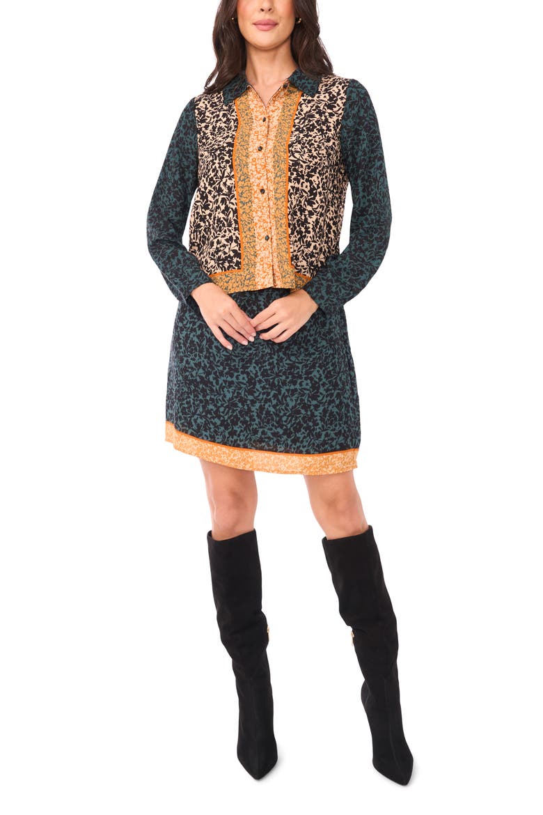 Mixed Print Long Sleeve Button-Up Shirt, Alternate, color, DEEP FOREST