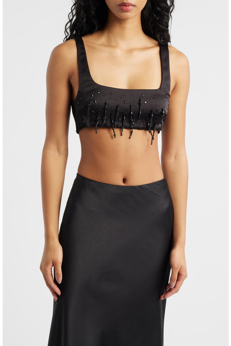 Sleeveless Beaded Satin Crop Top, Main, color, BLACK