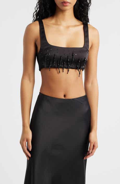 MANGO Sleeveless Beaded Satin Crop Top