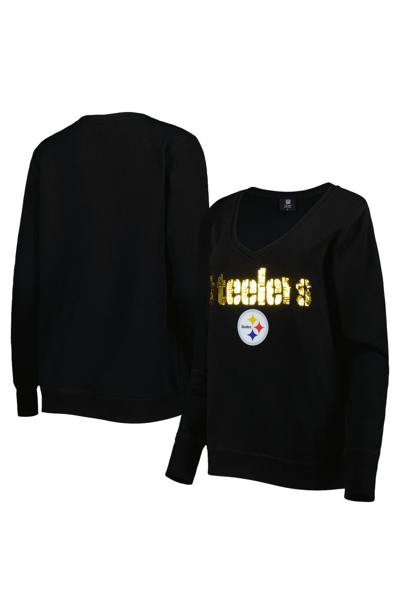 CUCE Women's Cuce Black Pittsburgh Steelers Sequin Logo V-Neck Pullover Sweatshirt, Main, color, 
