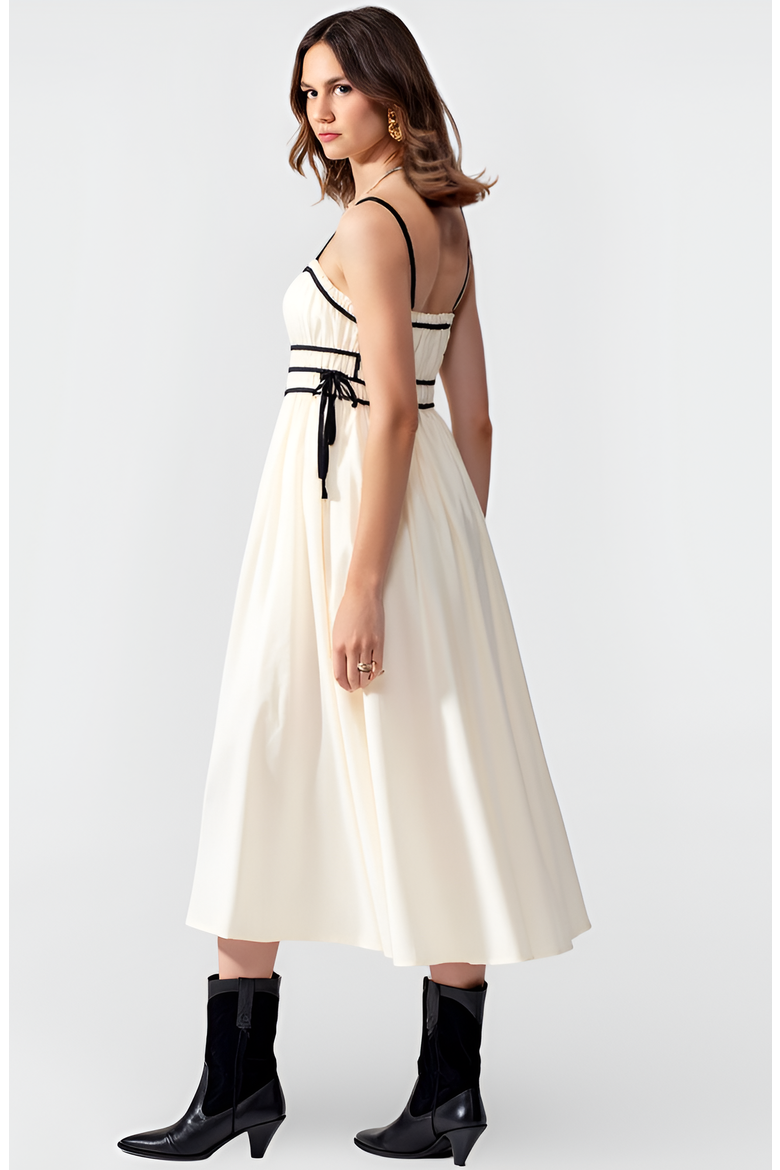 Smocked Waist Midi Dress with Contrast Trim and Spaghetti Straps, Alternate, color, Ivory / Black