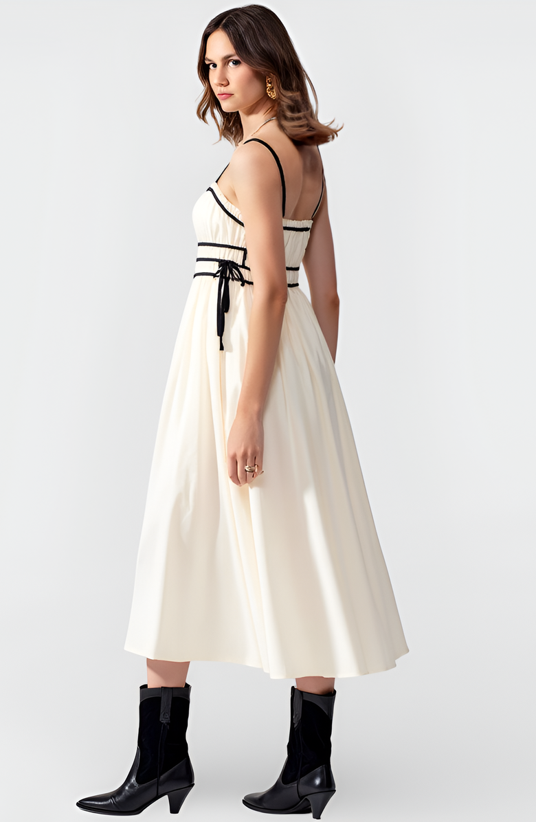 Modenaire Smocked Waist Midi Dress with Contrast Trim and Spaghetti Straps, Alternate, color, Ivory / Black
