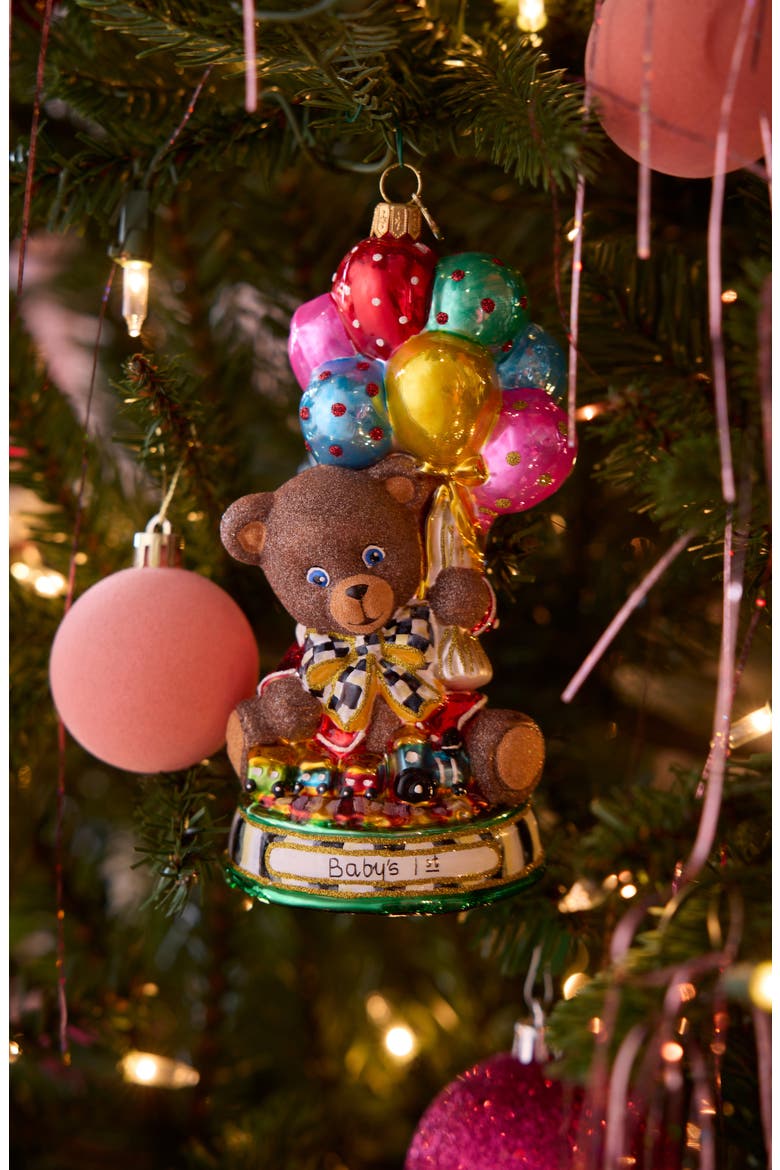 Baby's First Christmas Balloon Bear Glass Ornament, Alternate, color, BROWN
