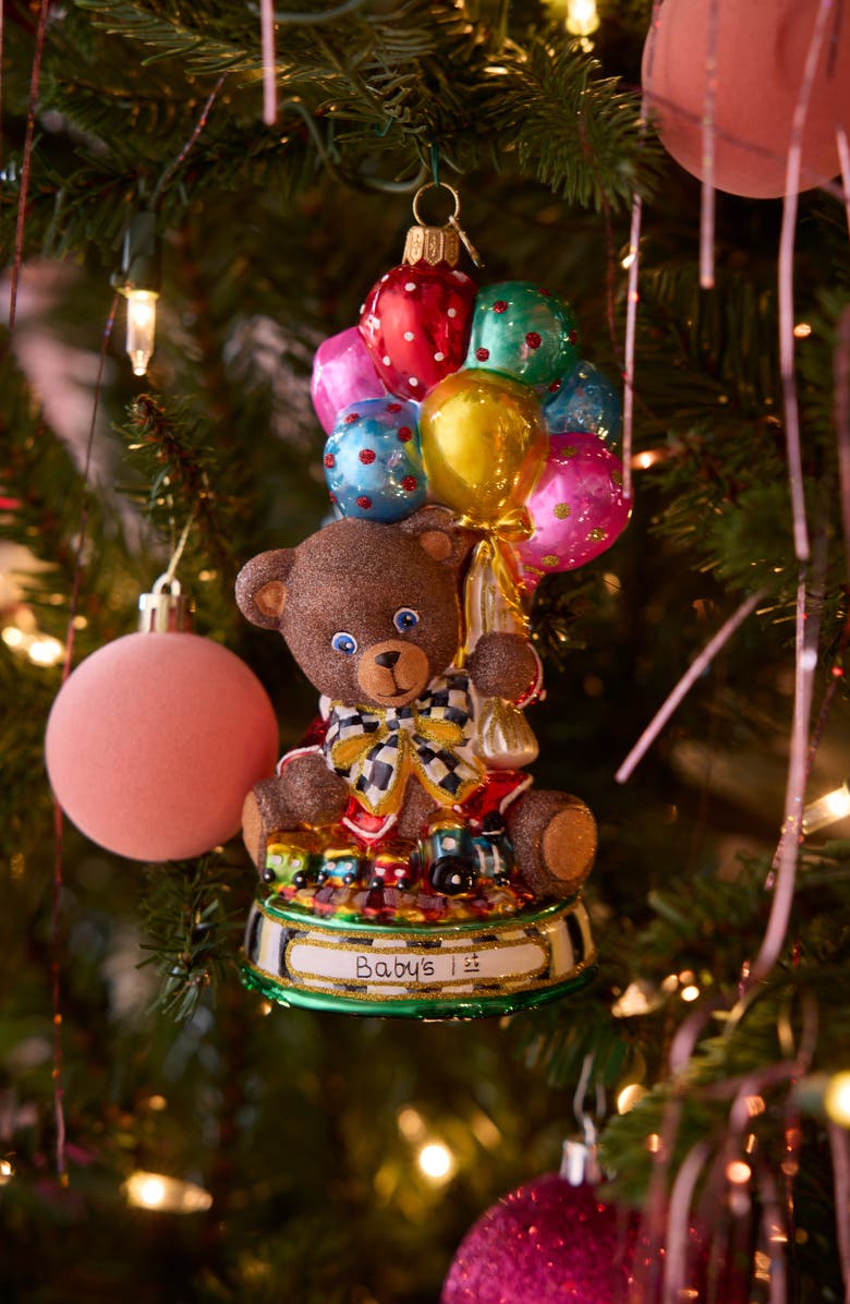 MACKENZIE CHILDS Baby's First Christmas Balloon Bear Glass Ornament, Alternate, color, Brown