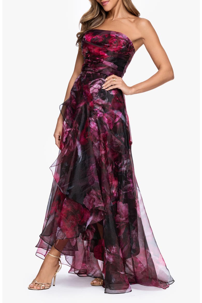Floral Print Strapless Gown, Alternate, color, WINE/ BLACK