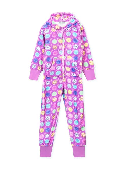 Preppy Goose Plush Smiley Faces Loungewear Jumpsuit In Purple