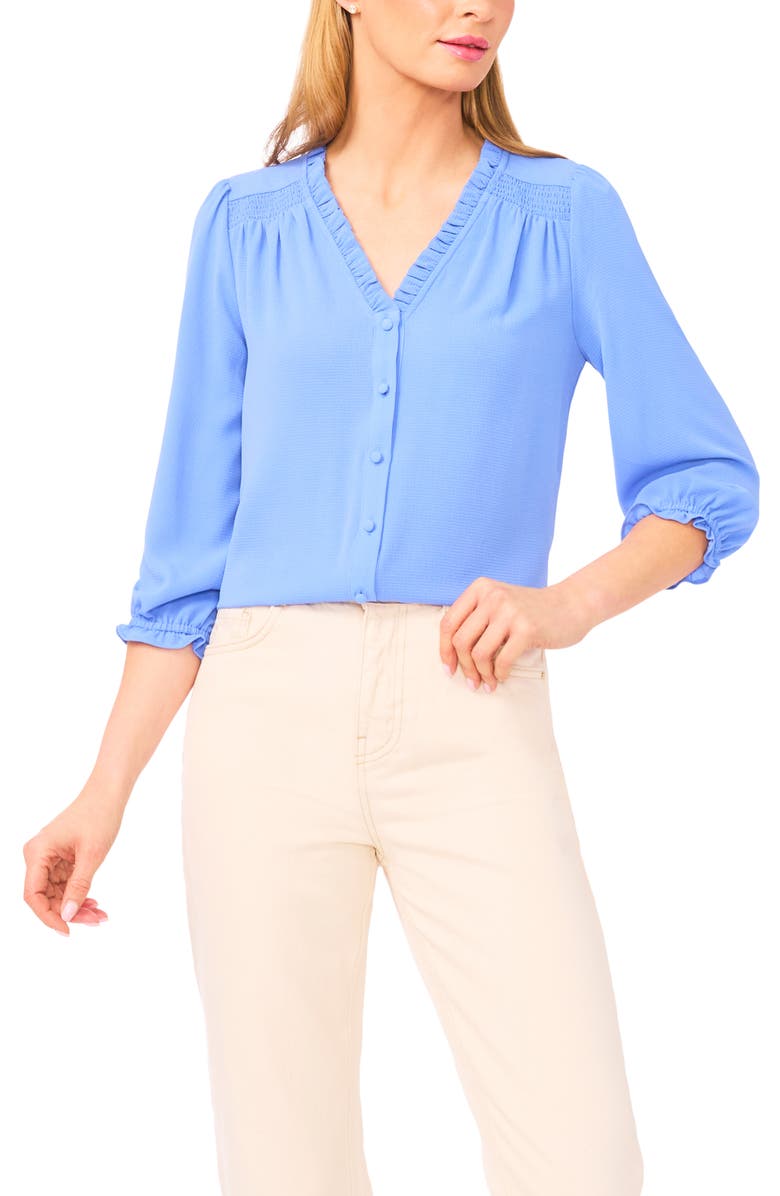 CeCe Ruffle V-Neck Blouse, Main, color, Bellflower Blue