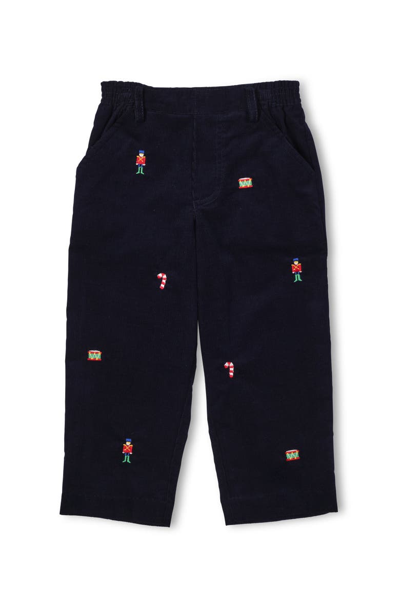 Corduroy Fake Fly Pants With Allover Embroidery, Alternate, color, Navy, Red, Green, White