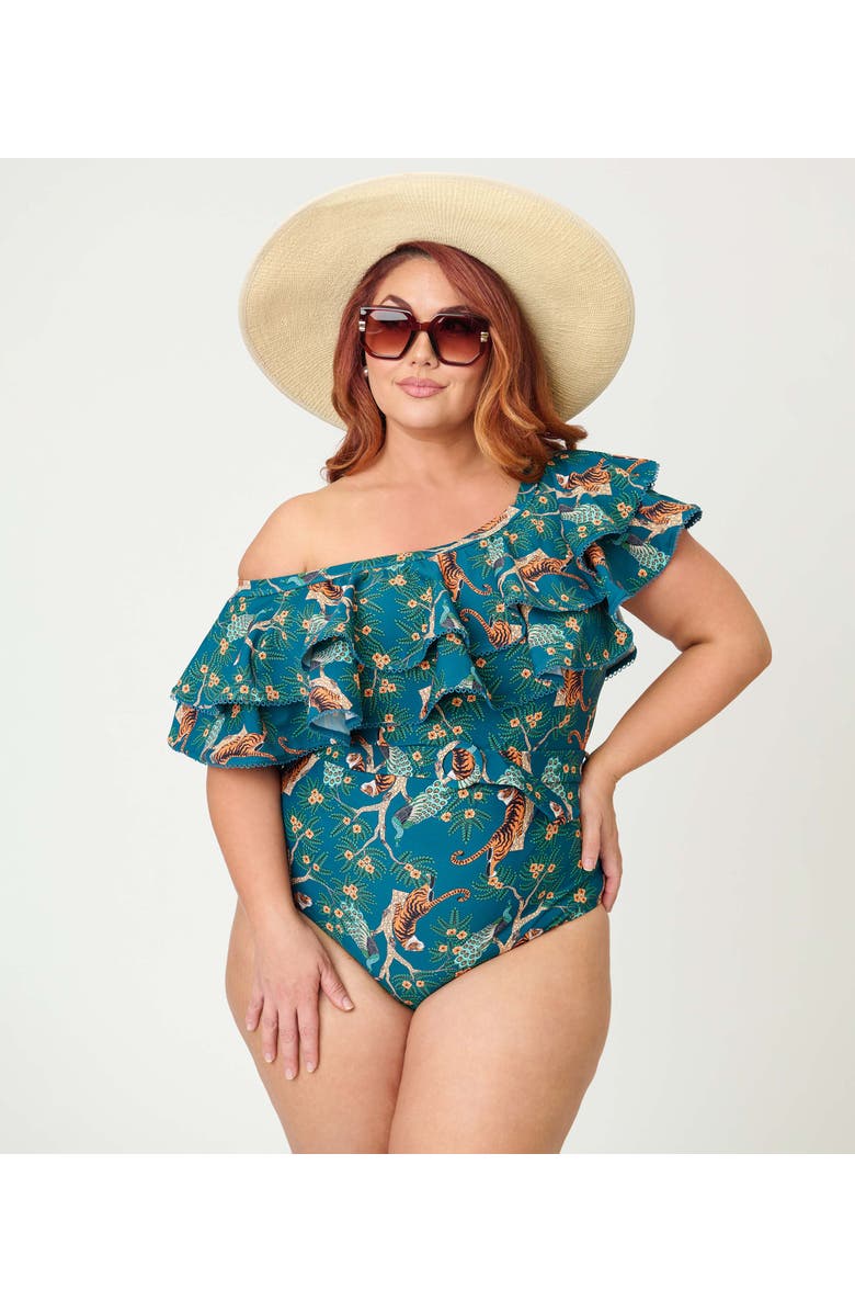 Unique Vintage Off Shoulder Nantucket Swimsuit, Alternate, color, Teal Tiger Print