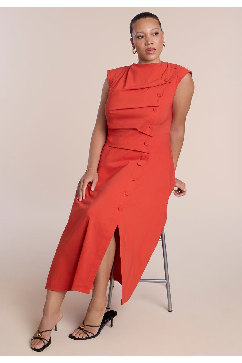Pleated Button Detail Midi Dress, Alternate, color, AURORA RED