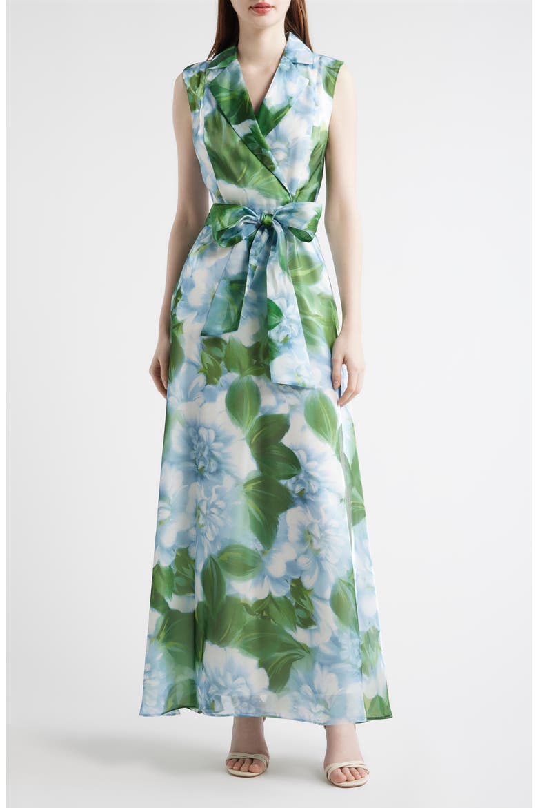 Tie Waist Sleeveless Gown, Main, color, GREEN MULTI