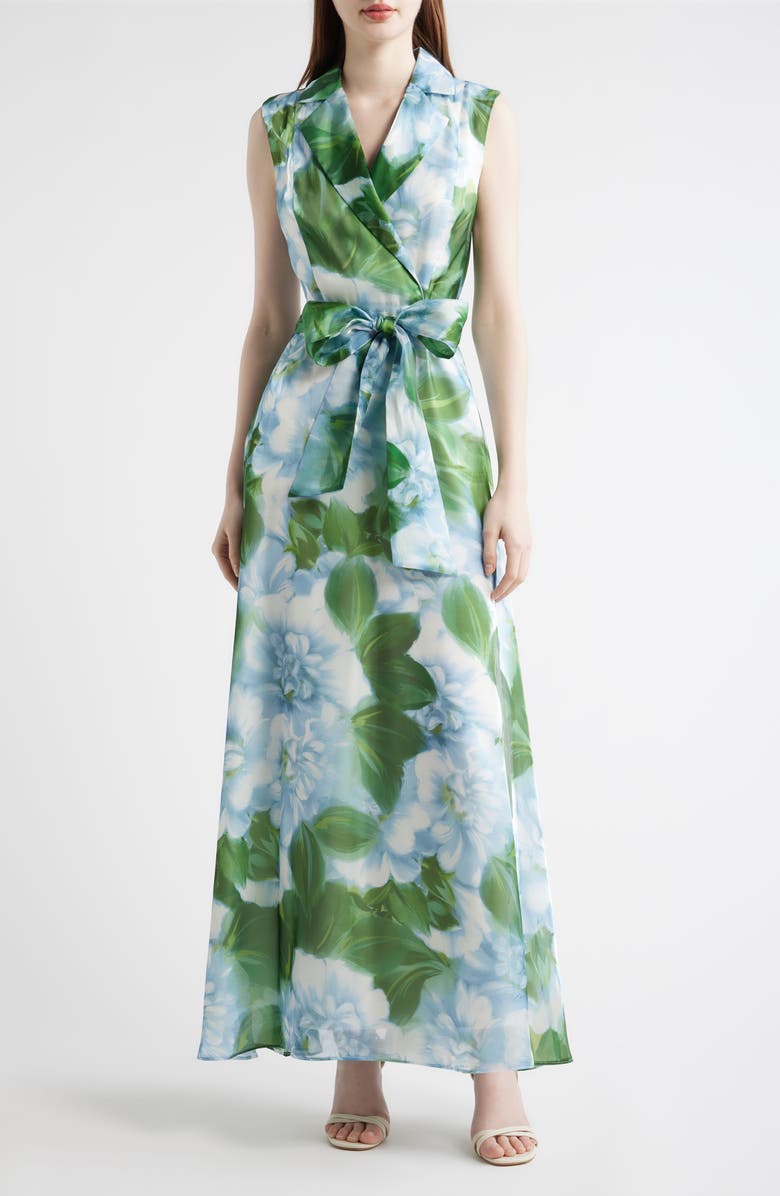 Julia Jordan Tie Waist Sleeveless Gown, Main, color, Green Multi