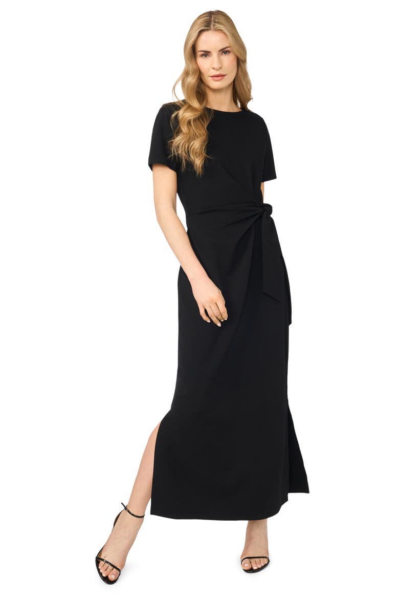 Tie Front Short Sleeve Midi Dress, Alternate, color, RICH BLACK