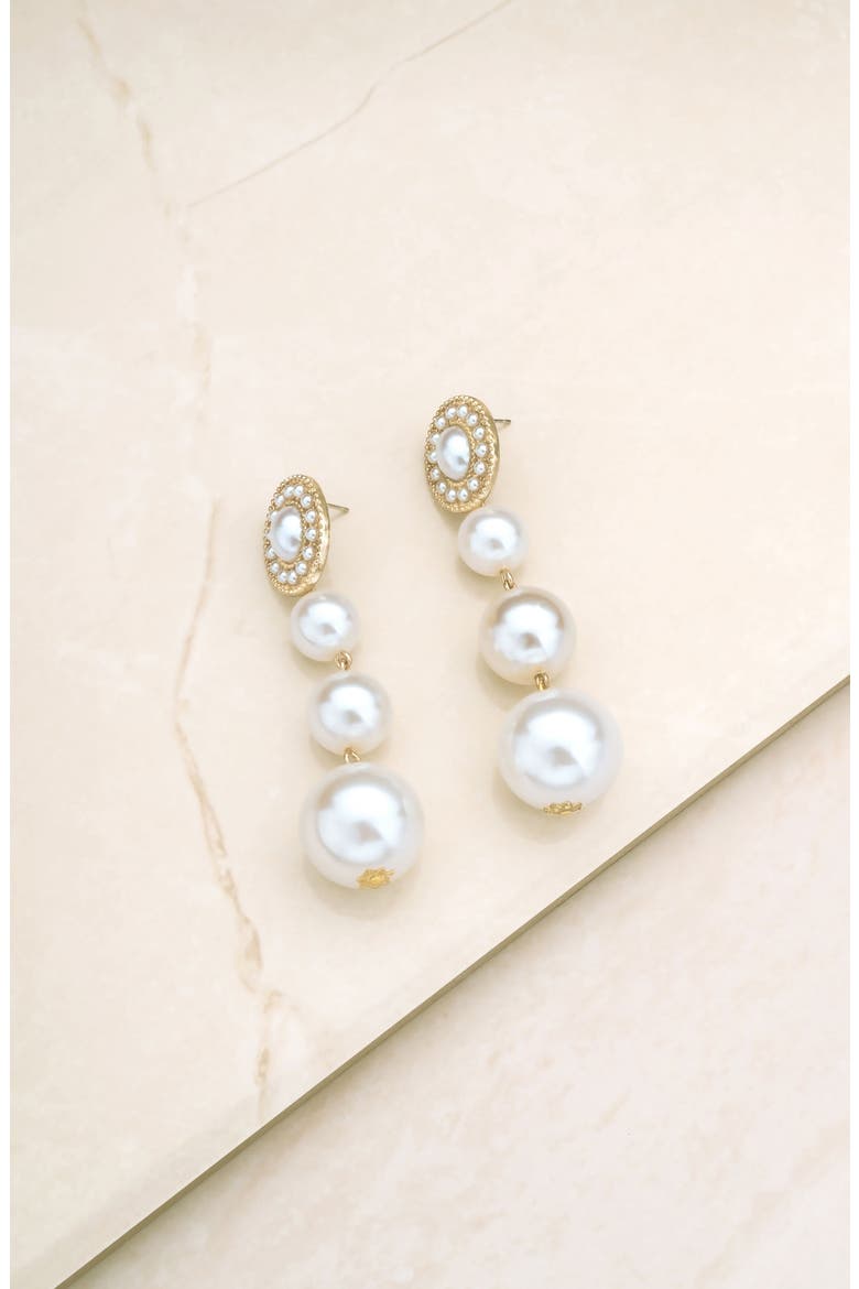 Triple Imitation Pearl Drop Earrings, Alternate, color, GOLD
