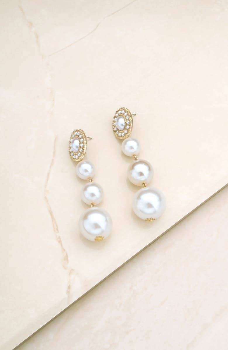 Ettika Triple Imitation Pearl Drop Earrings, Alternate, color, Gold