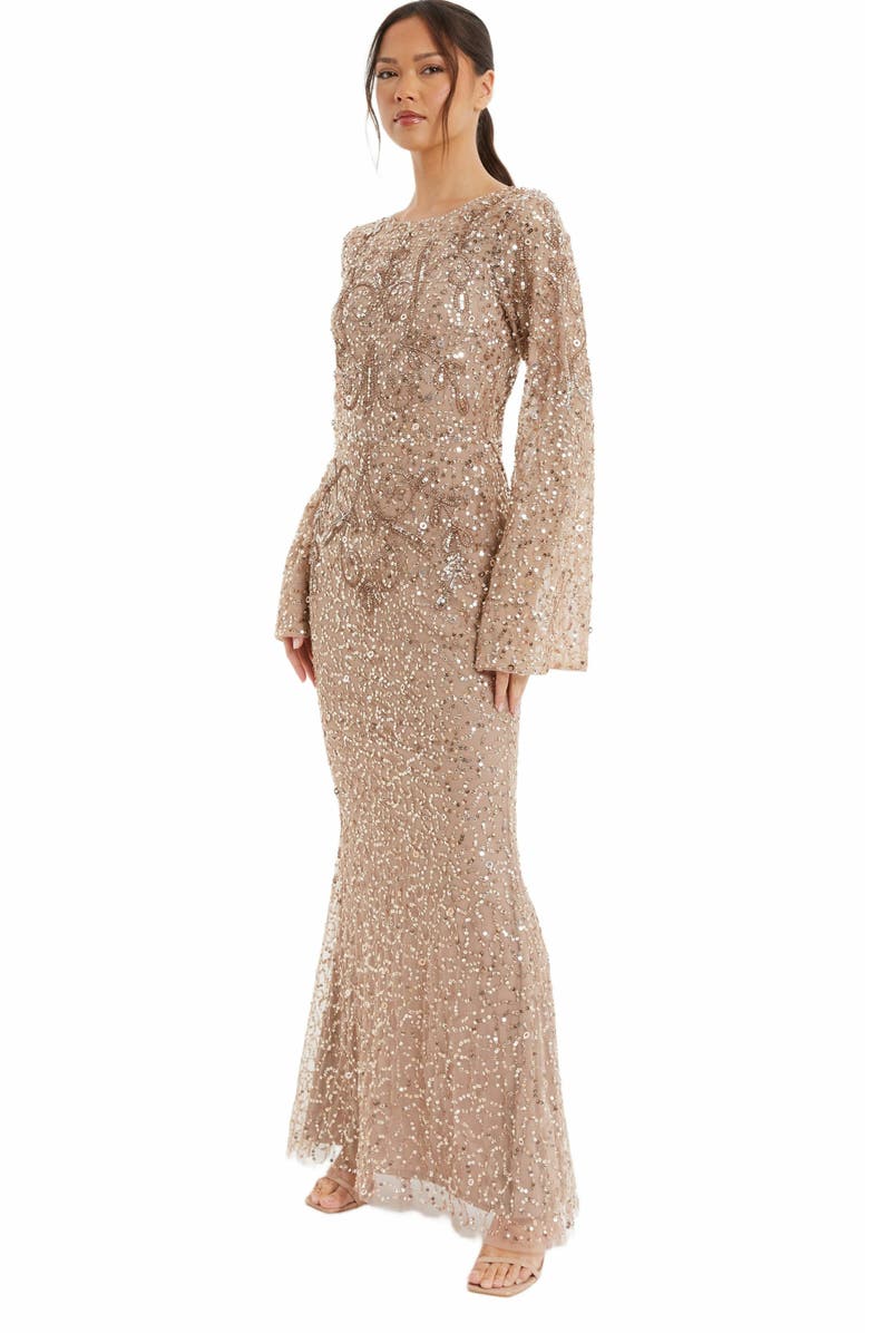 QUIZ Embellished Flutter Sleeve Evening Dress, Alternate, color, 