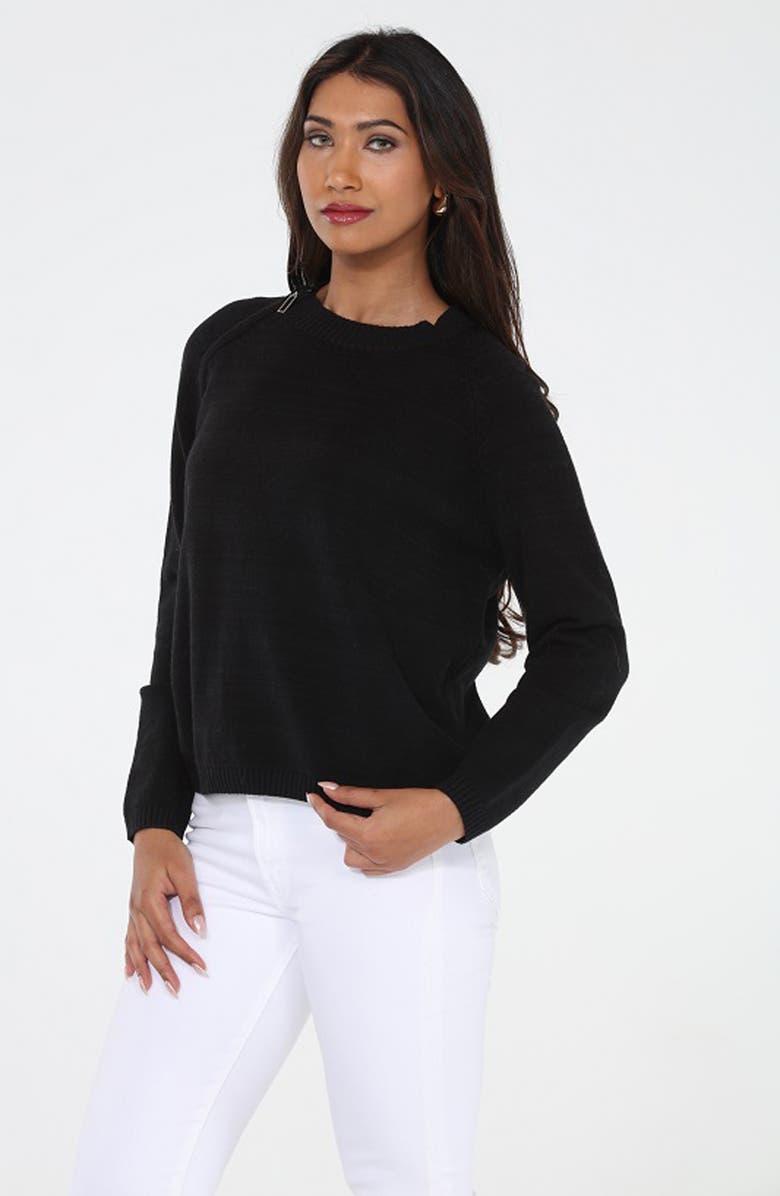 RAIN AND ROSE Shoulder Zip Crewneck Sweater, Alternate, color, Black