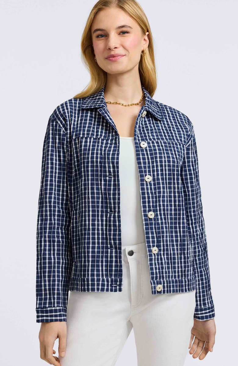 Foxcroft Thelma Crinkle Cotton Blend Gingham Jacket, Alternate, color, Navy/ White