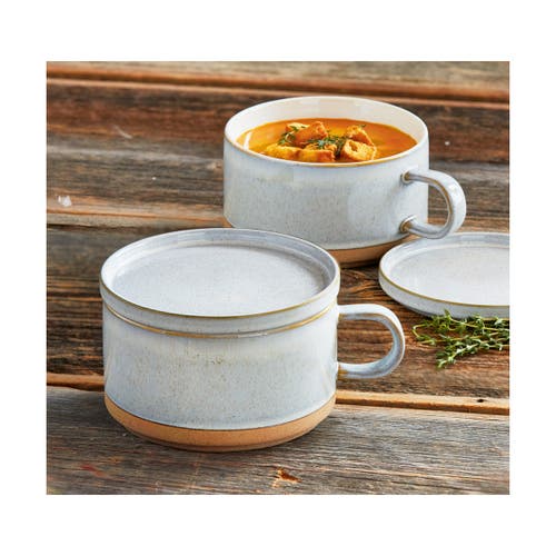 Tag Stacking Soup Mug With Lid Ceramic White Dishwasher Safe In Gray