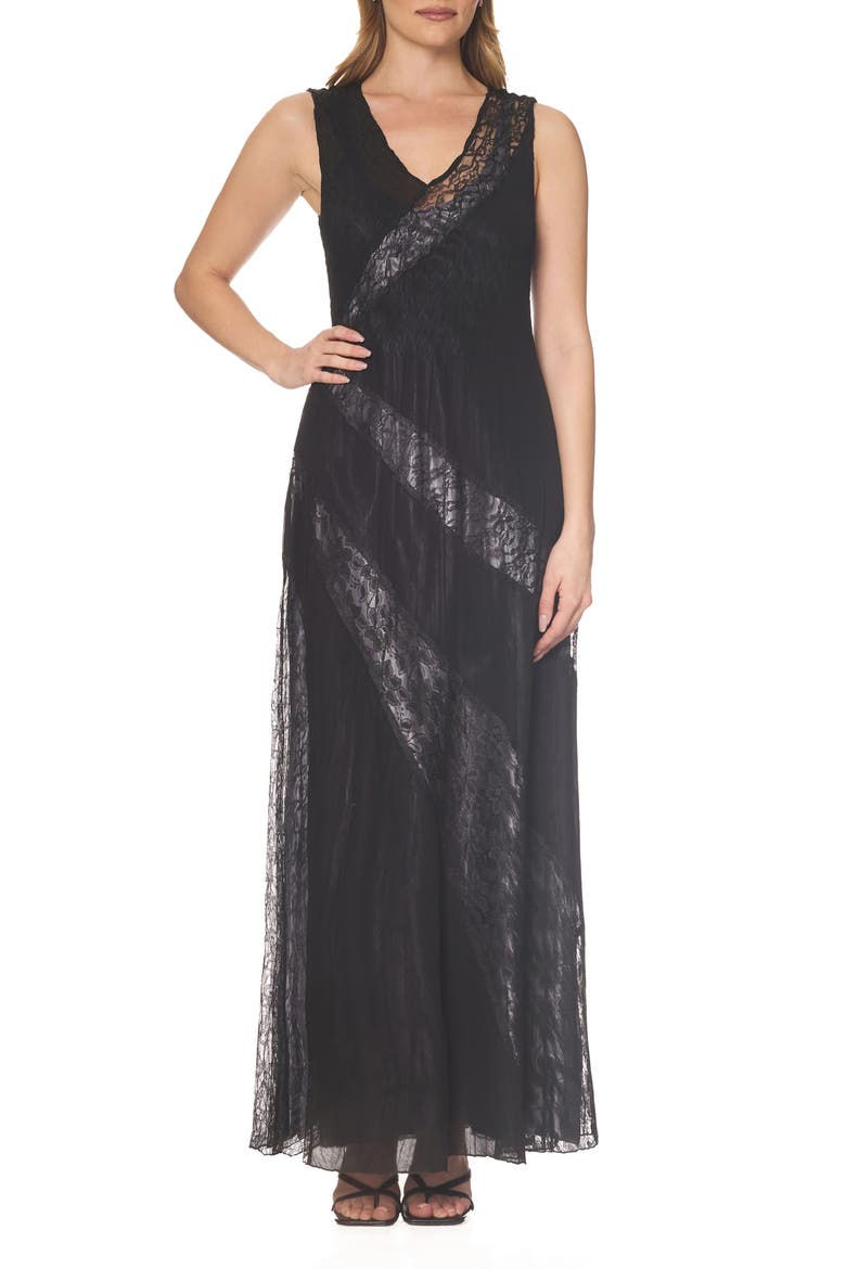 Lace Inset Chiffon & Charmeuse Gown, Main, color, BLACK/ TRUE STEEL