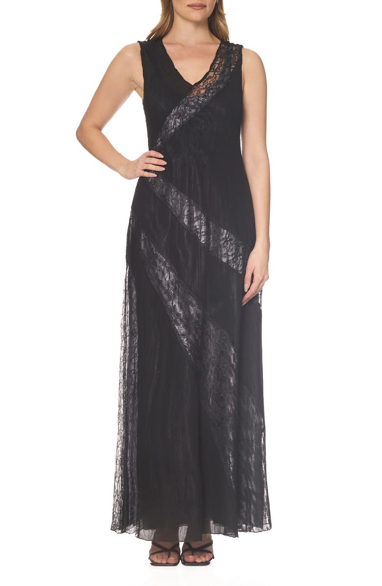 Komarov Lace Inset Chiffon & Charmeuse Gown, Main, color, Black/ True Steel