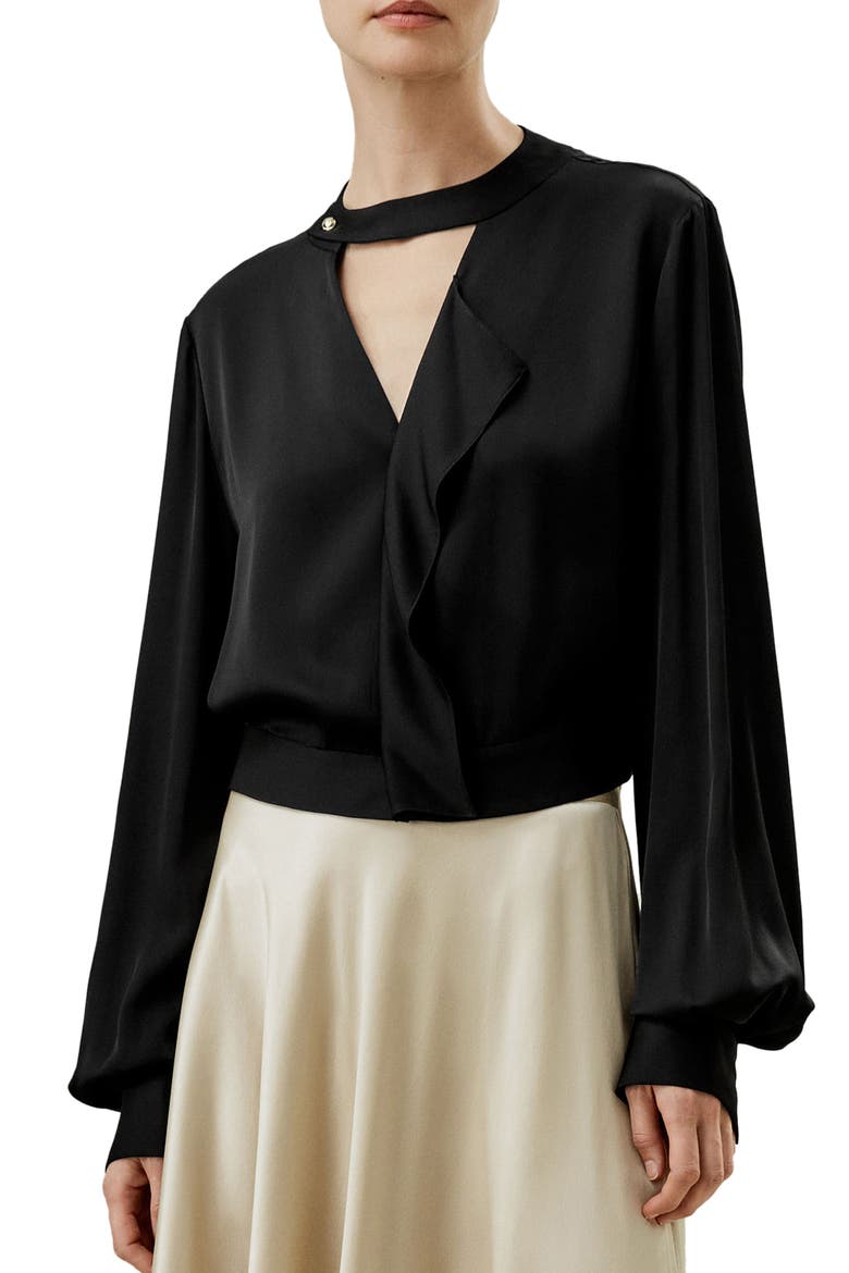 V Neck Collared Silk Shirt, Main, color, Black
