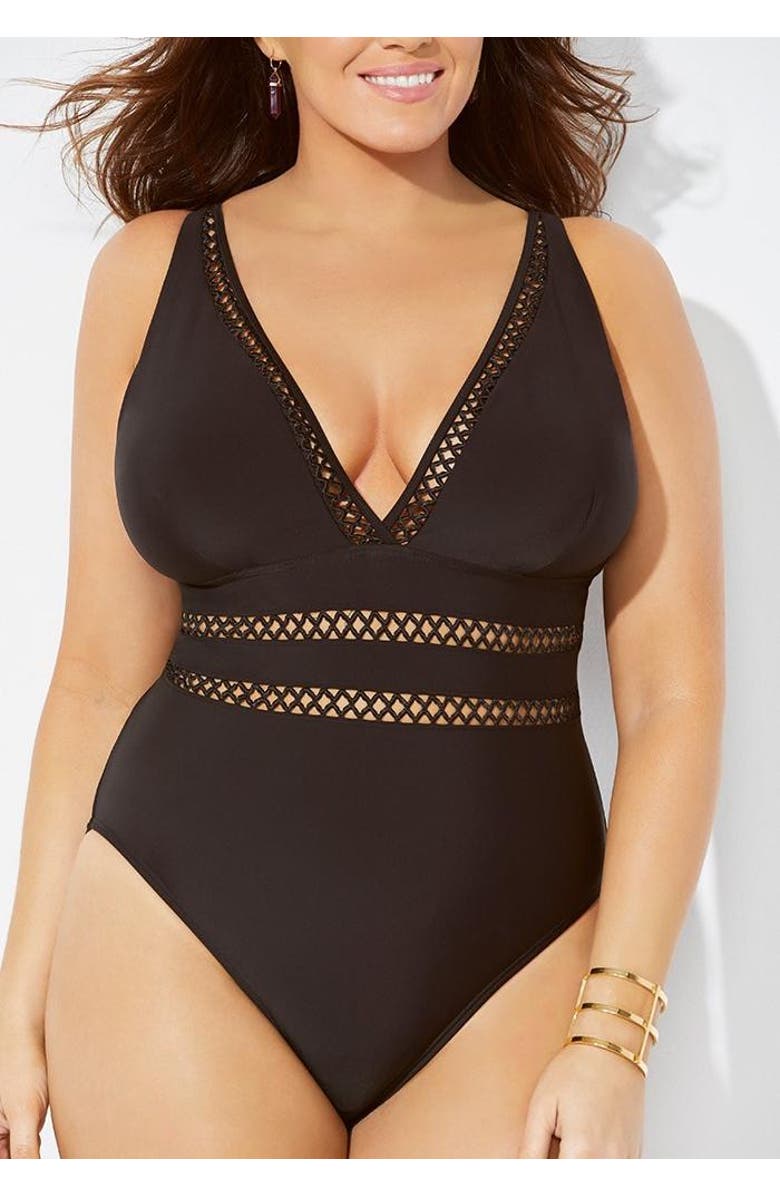 Swimsuits for All Lattice Plunge One Piece Swimsuit, Alternate, color, Black