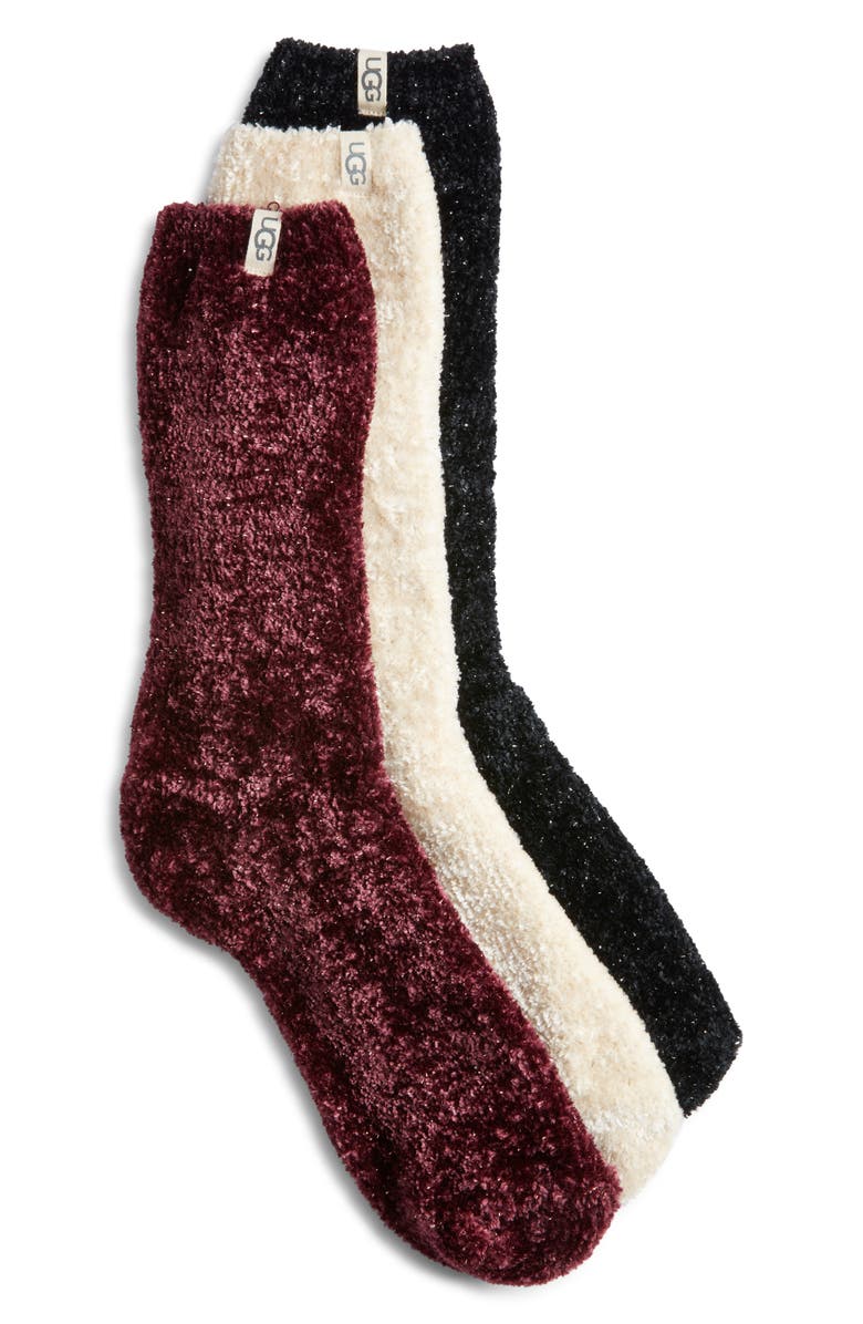UGG<sup>®</sup> Leda Assorted 3-Pack Sparkle Crew Socks, Main, color, Cream / Wild Grape / Black