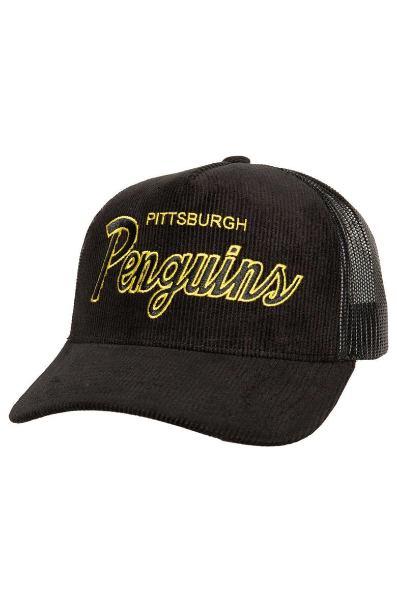 Men's Mitchell & Ness  Black Pittsburgh Penguins Times Up Classic Script Cord Trucker Adjustable Hat, Main, color, Black