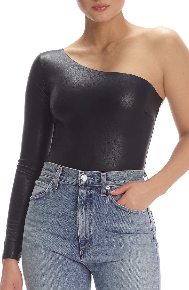 Commando One-Shoulder Long Sleeve Faux Leather Bodysuit, Main, color,