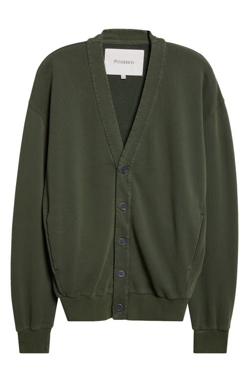 Jw Anderson Garment Dye Cotton Fleece V-neck Cardigan In Green