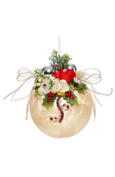 Floral Jeweled Ornament, Frosted, Gold