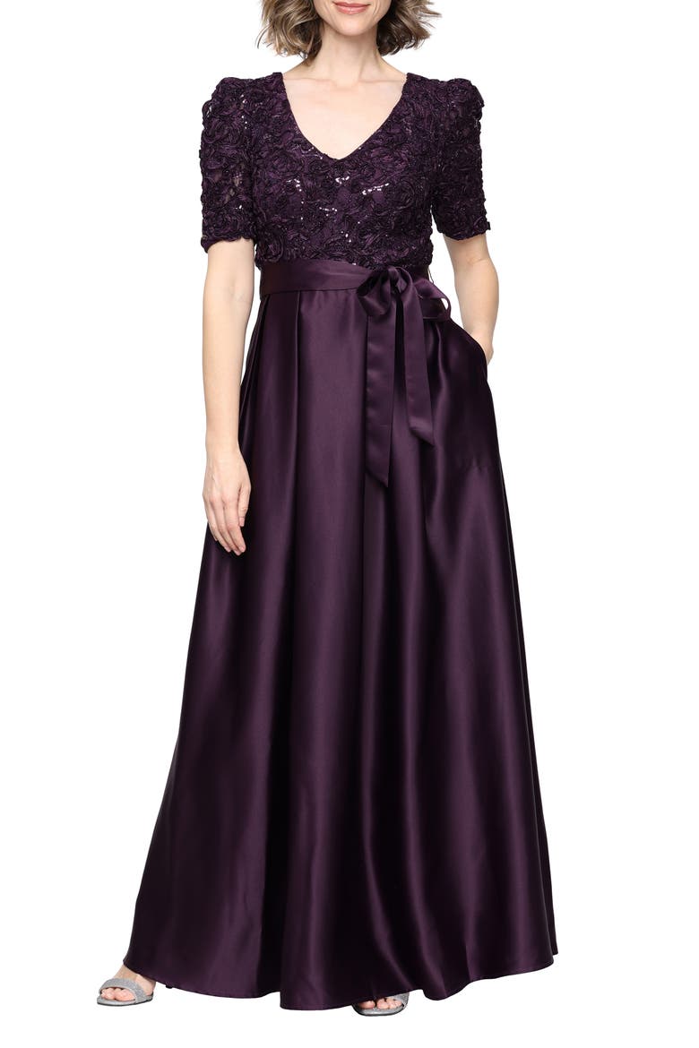 Sequin Soutache Bodice Empire Waist A-Line Gown, Main, color, DEEP PLUM