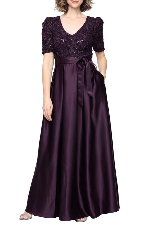 Alex Evenings Sequin Soutache Bodice Empire Waist A-line Gown In Deep Plum