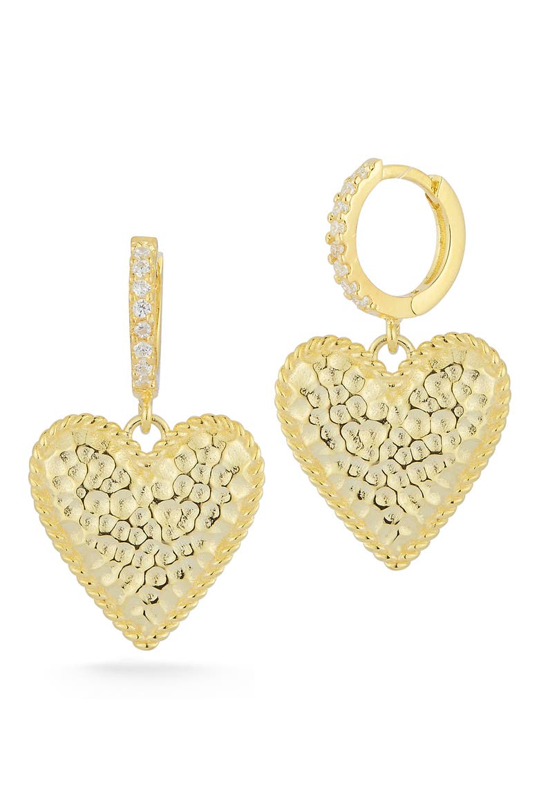 Textured Heart Drop Pavé Huggie Hoop Earrings, Main, color, GOLD