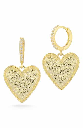 Textured Heart Drop Pavé Huggie Hoop Earrings