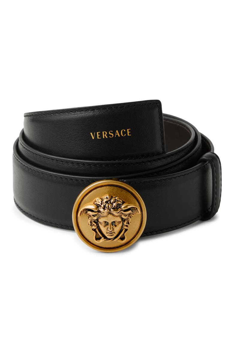 Medusa Buckle Leather Belt, Alternate, color, BLACK-GOLD