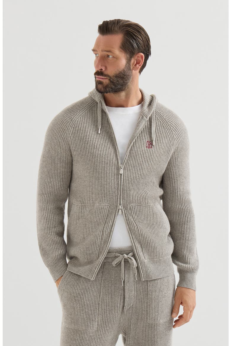 Cashmere English rib hooded knit sweatshirt with logo and zipper, Main, color, Stone Grey