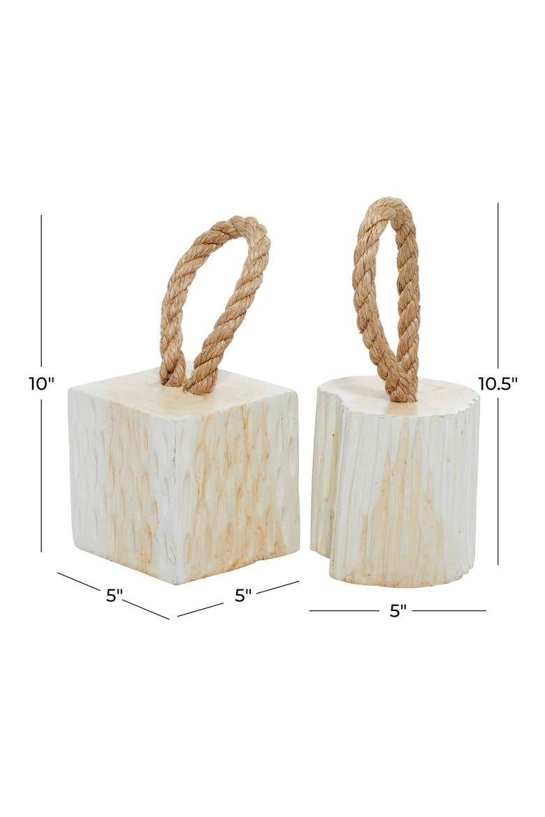 White Teakwood Handmade Door Stopper Geometric Sculpture with Rope Accent - Set of 2, Alternate, color, WHITE