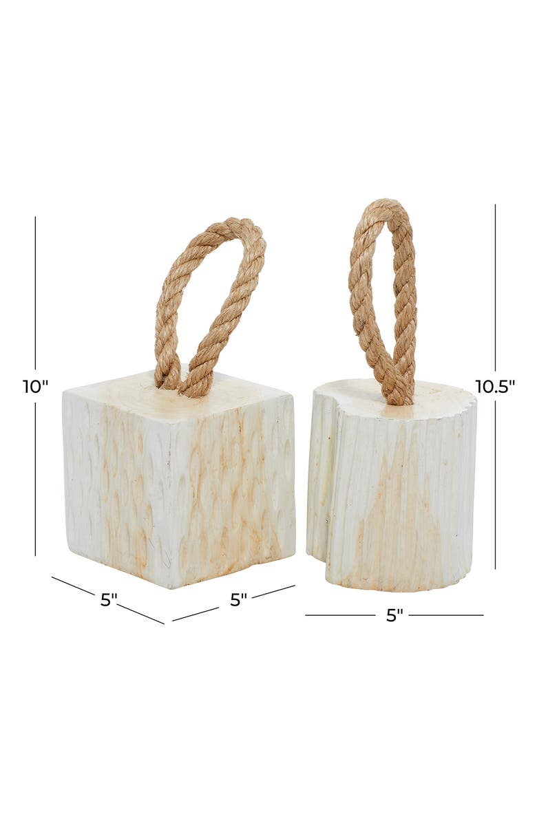 WILLOW ROW White Teakwood Handmade Door Stopper Geometric Sculpture with Rope Accent - Set of 2, Alternate, color, 