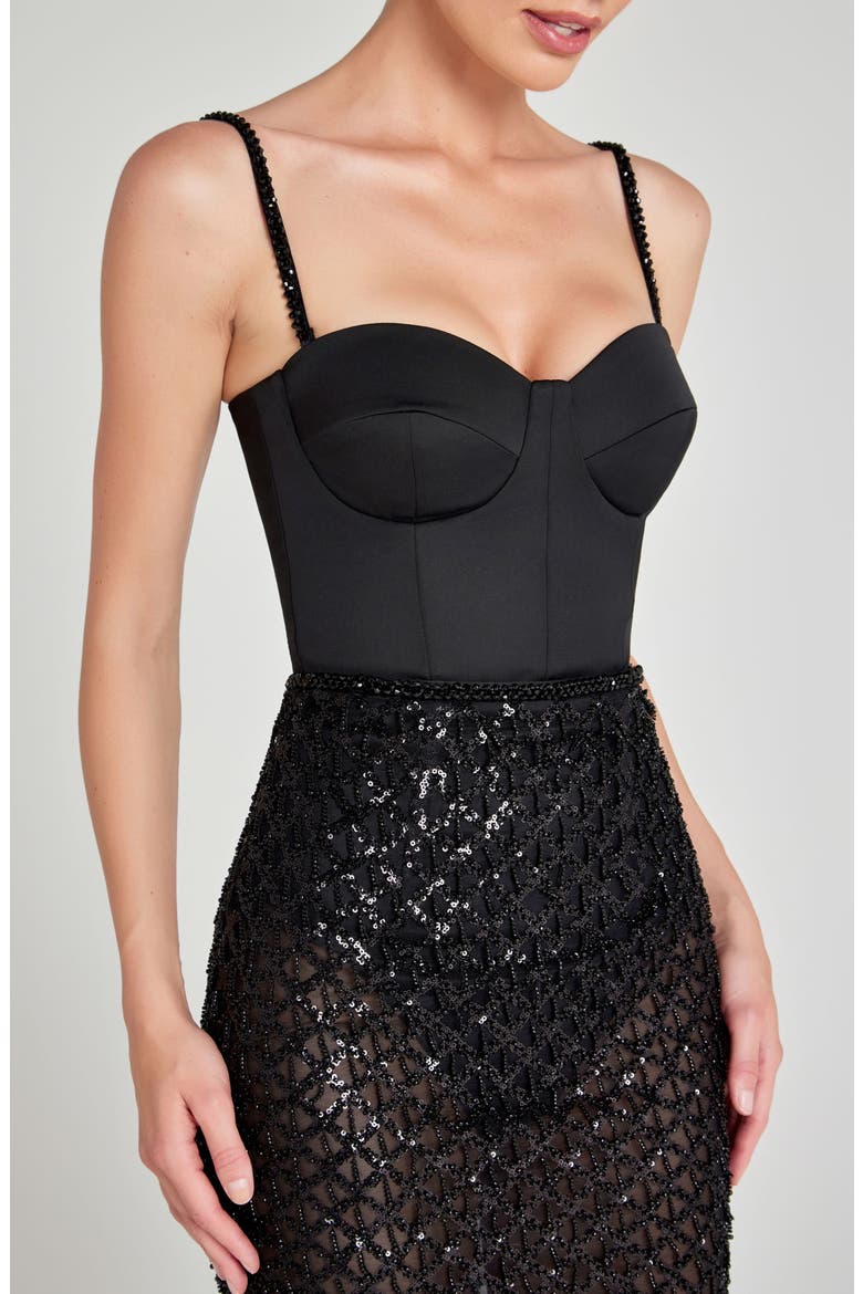 Valentina Mixed Media Beaded Bustier Gown, Alternate, color, BLACK