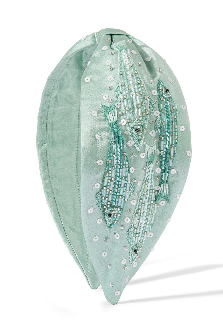 Sardine Embroidered Knotted Headband, Main, color, Green