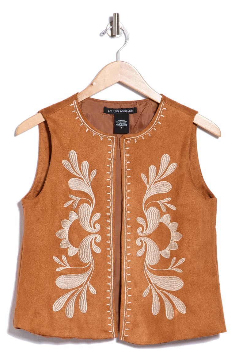 Embroidered Faux Suede Vest, Main, color, CAMEL