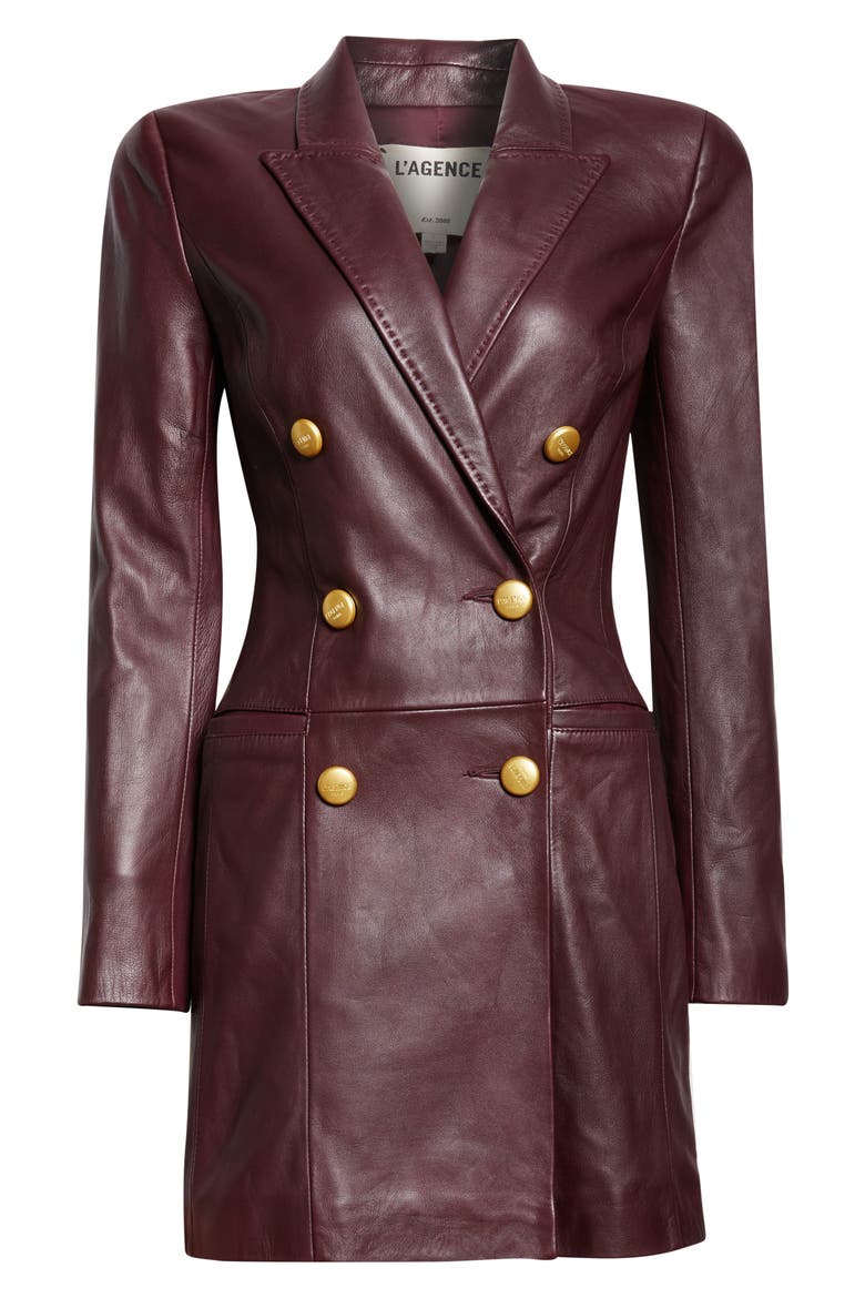 Tora Double Breasted Long Sleeve Leather Tuxedo Dress, Alternate, color, DARK MALBEC