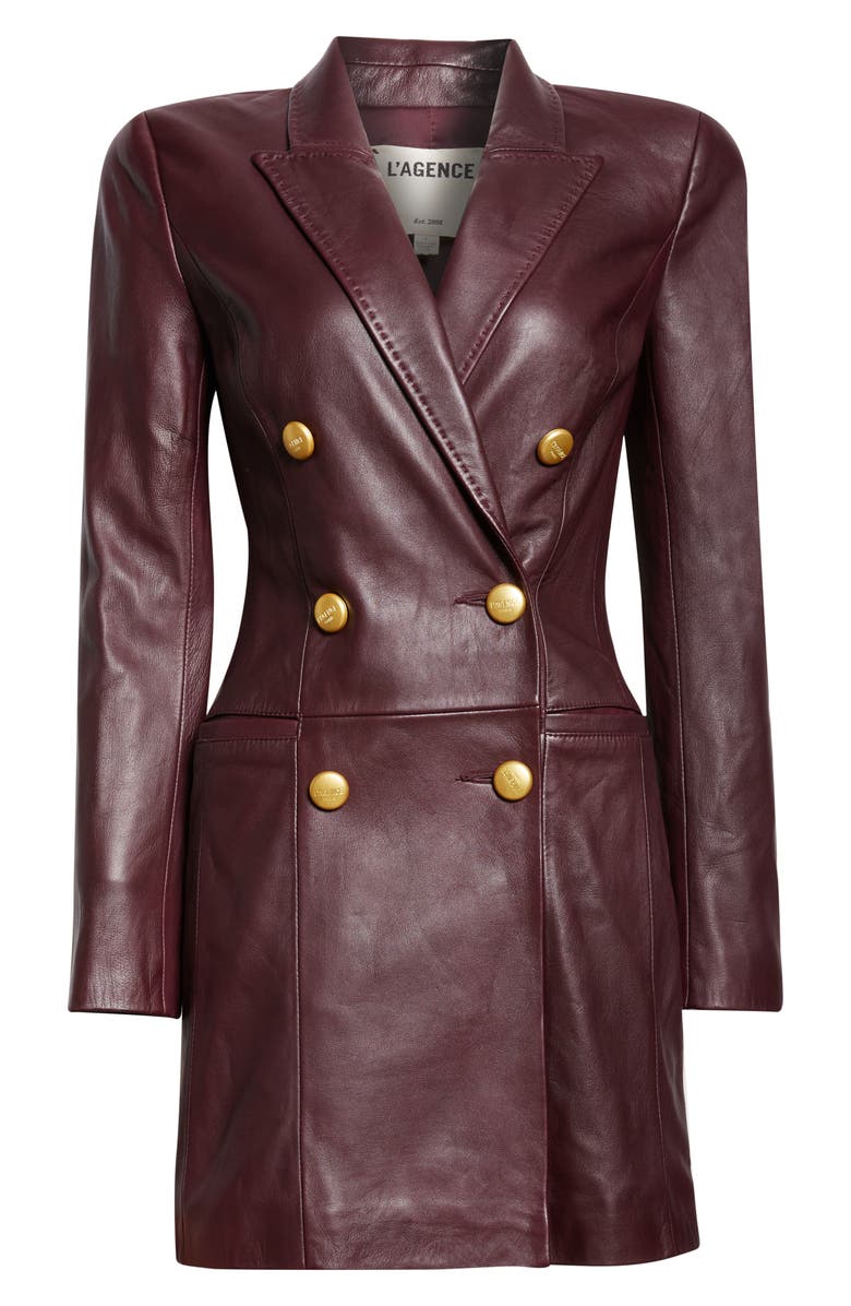 L'AGENCE Tora Double Breasted Long Sleeve Leather Tuxedo Dress, Alternate, color, Dark Malbec