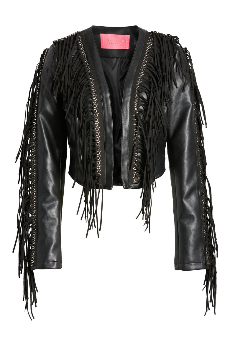Fringe & Rivet Detail Faux Leather Jacket, Alternate, color, BLACK