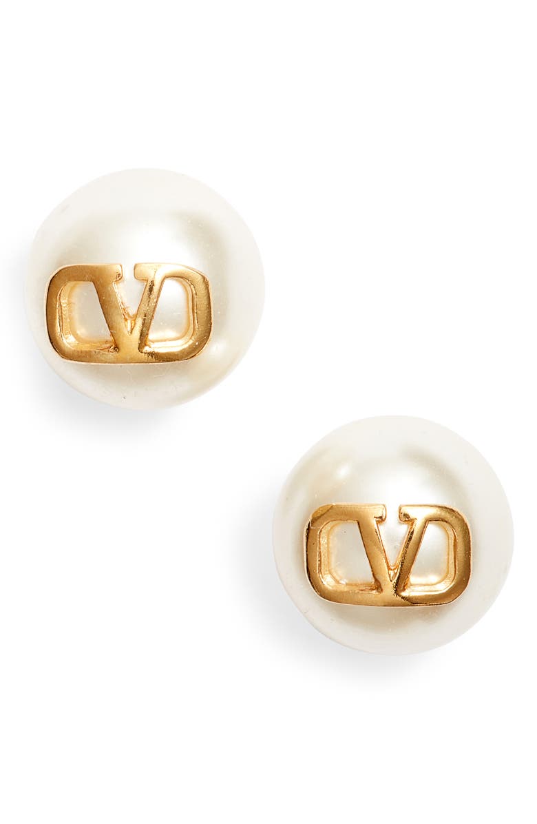Valentino Garavani VLOGO Imitation Pearl Stud Earrings, Main, color, Ivory/Gold