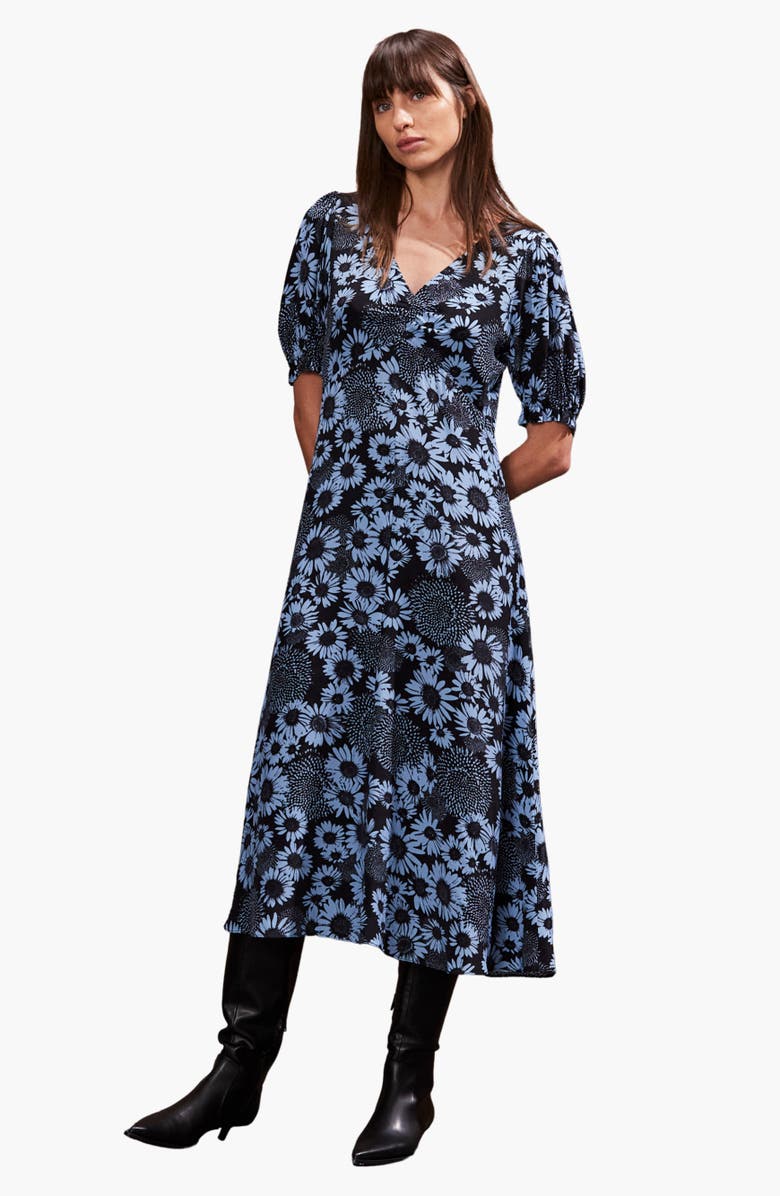 Ro&Zo Daisy Print Ruched Front Dress, Main, color, Blue