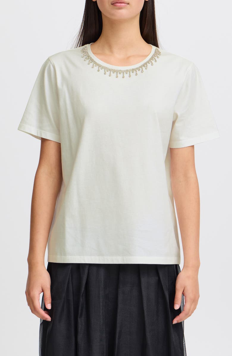 ICHI Jeweled Neckline Cotton T-Shirt, Main, color, Cloud Dancer